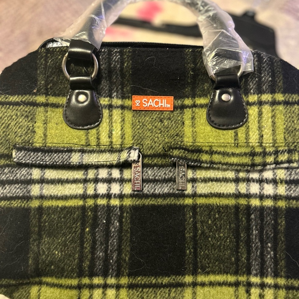 SACHI Green and Black Plaid Bag